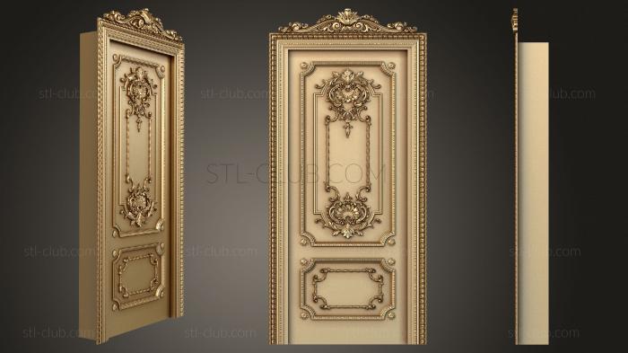 Classical carved door with trim and crown panels