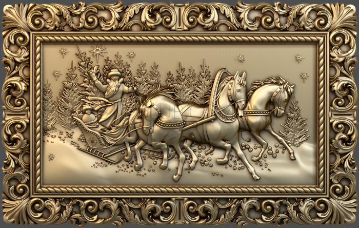 Santa Claus on a troika of horses