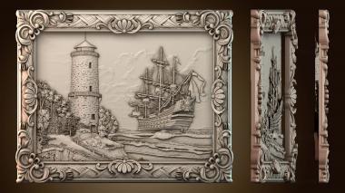 3D model Painting of a ship and a lighthouse (STL)