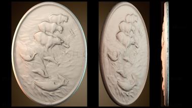 3D model Bear catches fish picture oval (STL)