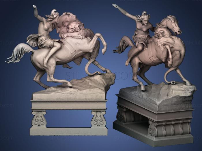 Statue of Amazon on horseback fighting a Lion