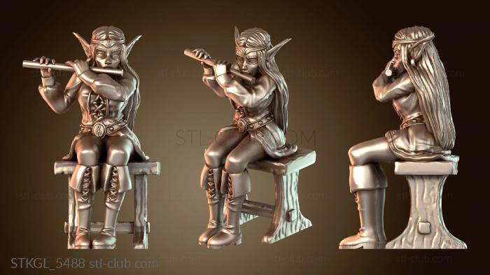 Статуэтки девушки Эльф-бард на скамейке с флейтой