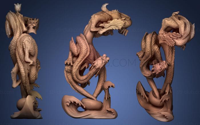 3D model Two dragons emerging from a bowl amid waves (STL)